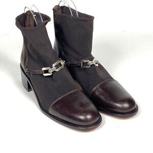 Brighton Ankle Boots Womens 9 M Brown Leather & Fabric Silver Buckle Slip On
